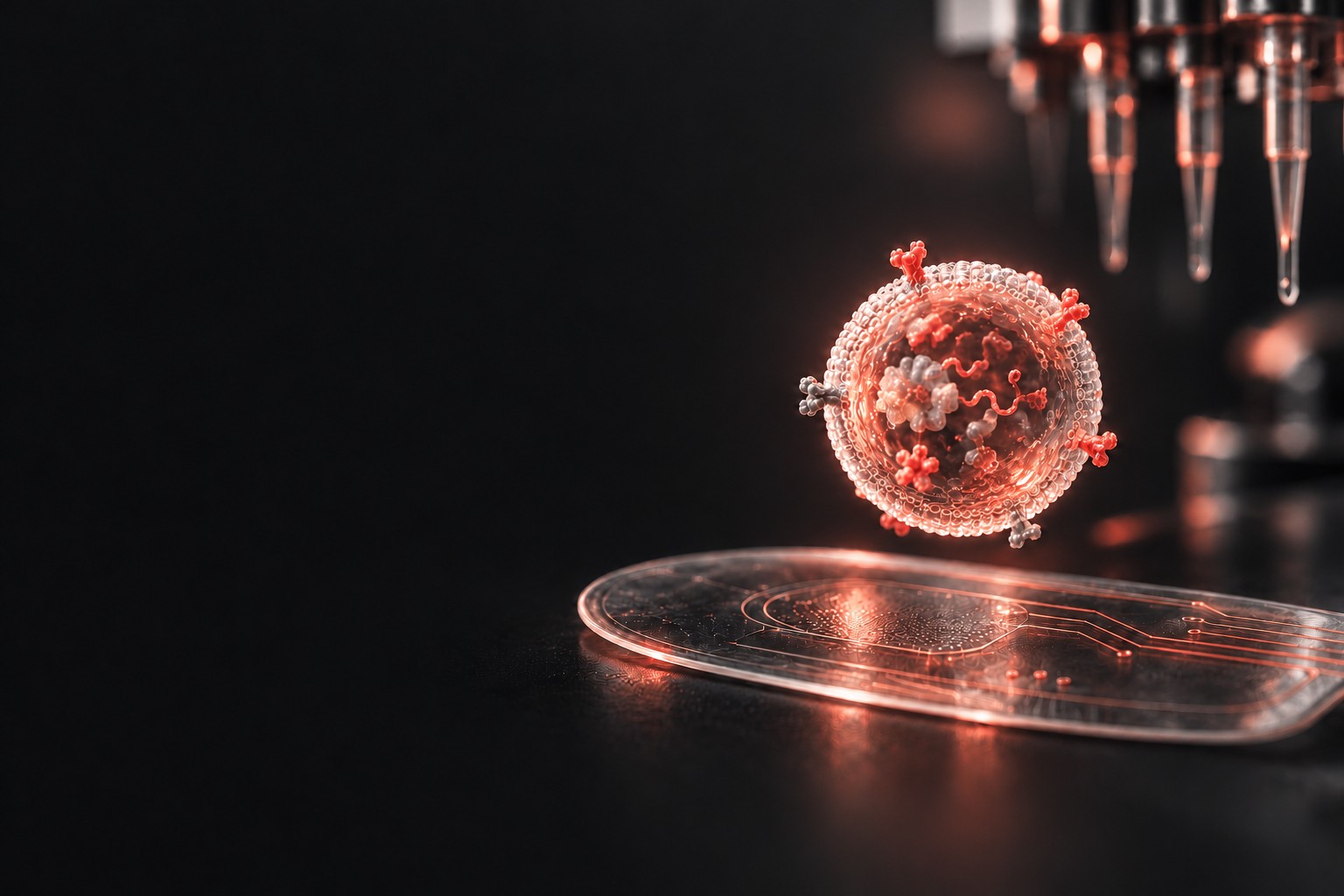 An artistic interpretation of an extracellular vesicle, a delicate sensing patch, and precision laboratory robotics.